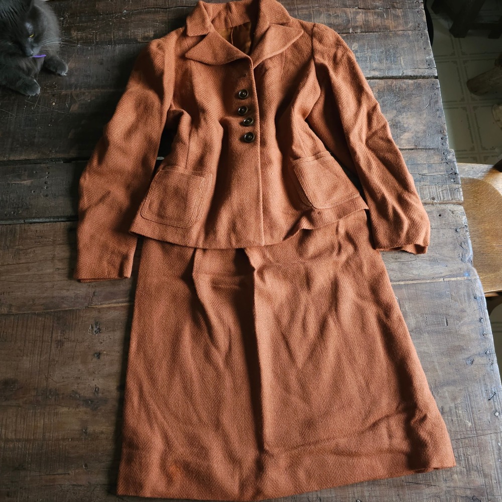 Vintage Wool Skirt Suit Set Burnt Orange Rust Blazer & Midi Skirt 2 Piece 1950s